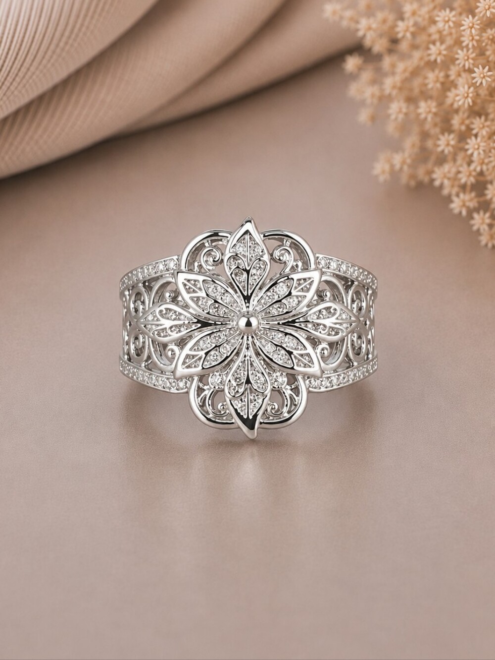 Silver Floral Filigree Statement Ring